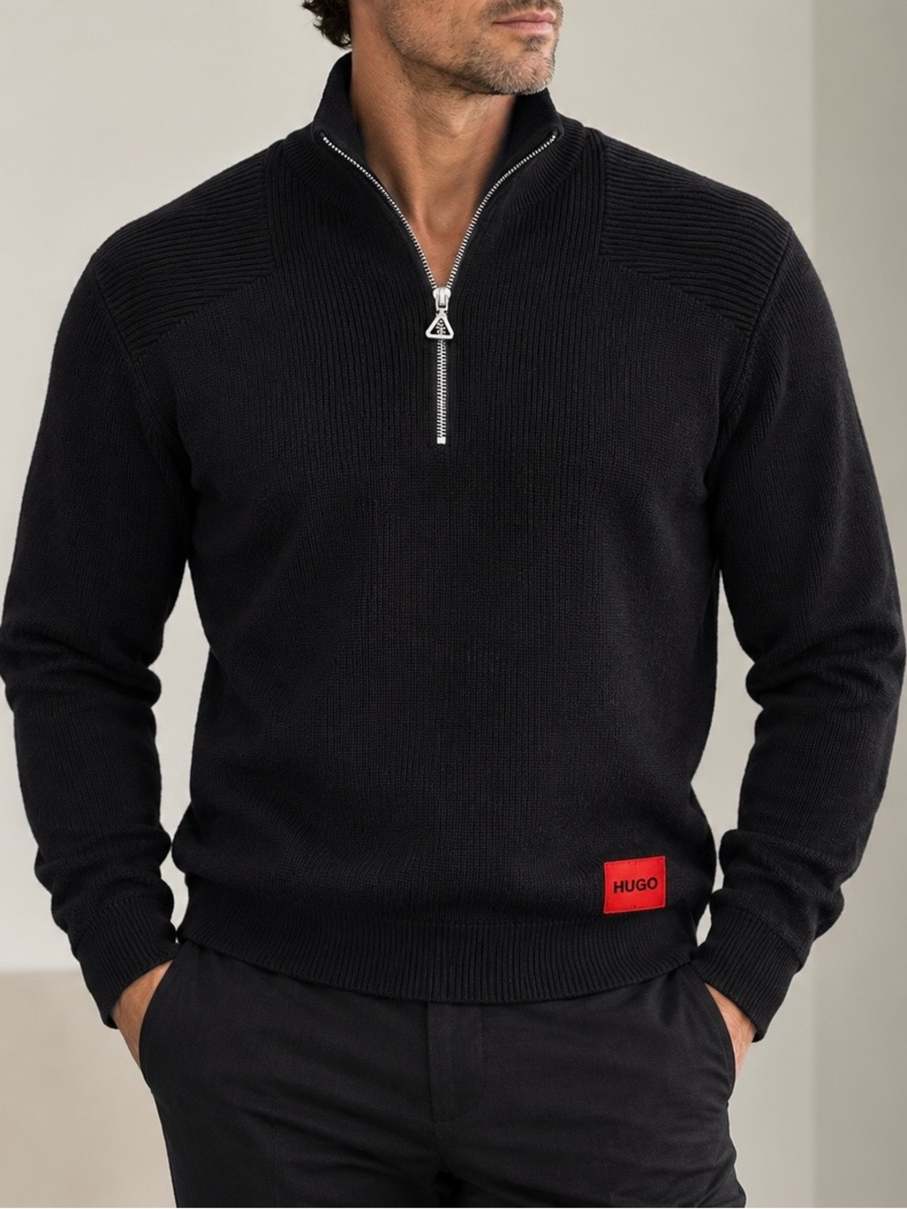 HUGO Black Half-Zip Sweater with Red Logo Patch
